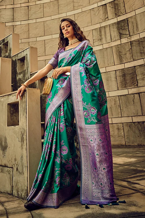 Rama Color satin Brasso Handwoven Silk Saree Collection