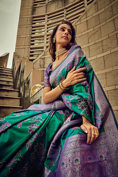 Rama Color satin Brasso Handwoven Silk Saree Collection