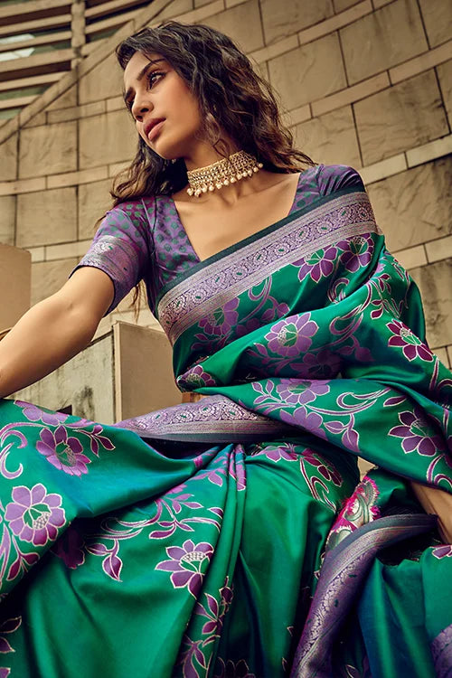 Rama Color satin Brasso Handwoven Silk Saree Collection