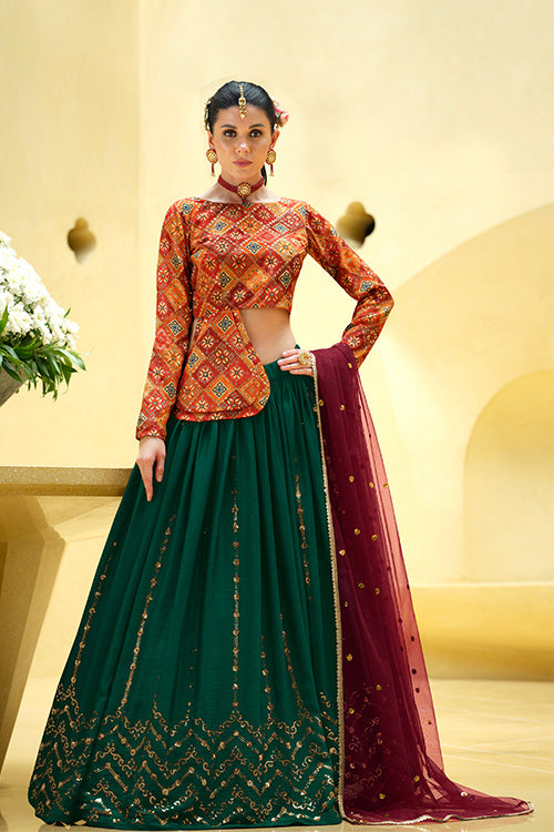 Rama Green Chinon Silk Embroidered Lehenga Choli