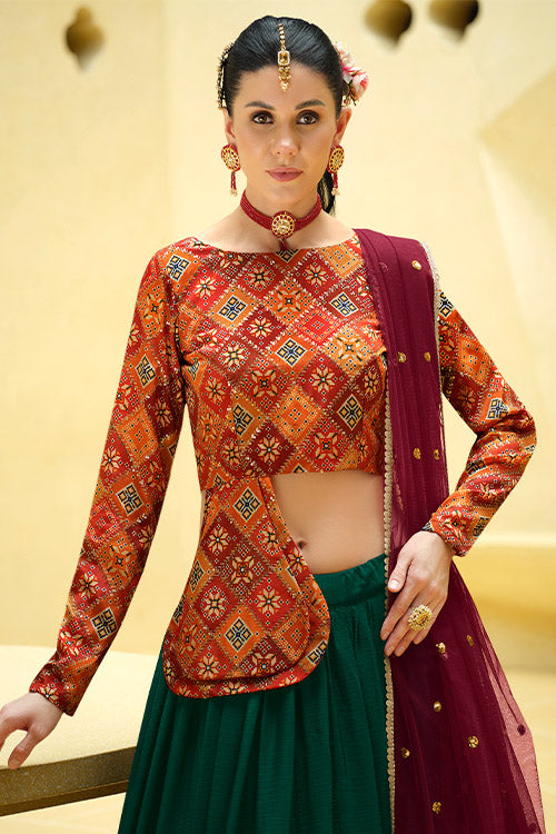 Rama Green Chinon Silk Embroidered Lehenga Choli