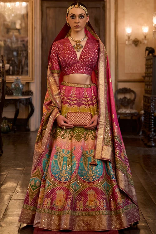 Embellishments Silk Rani Pink Lehenga Choli With Mirror Work