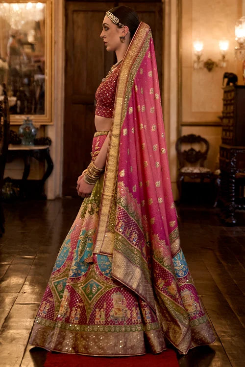 Embellishments Silk Rani Pink Lehenga Choli With Mirror Work