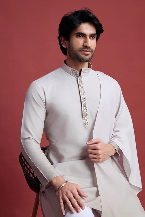 Designer Beige Kurta Set for Men with Mirror Work