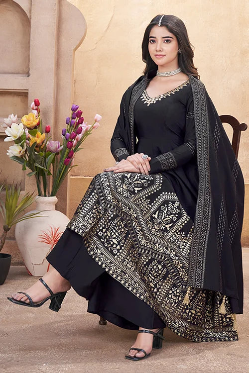 Black Roman Silk Ready to Wear Mirror Work Festive Suit