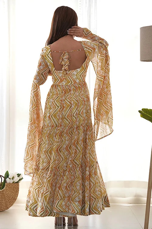 Pure Soft Fox Light Yellow Georgette Zigzag Print Anarkali Set for Women