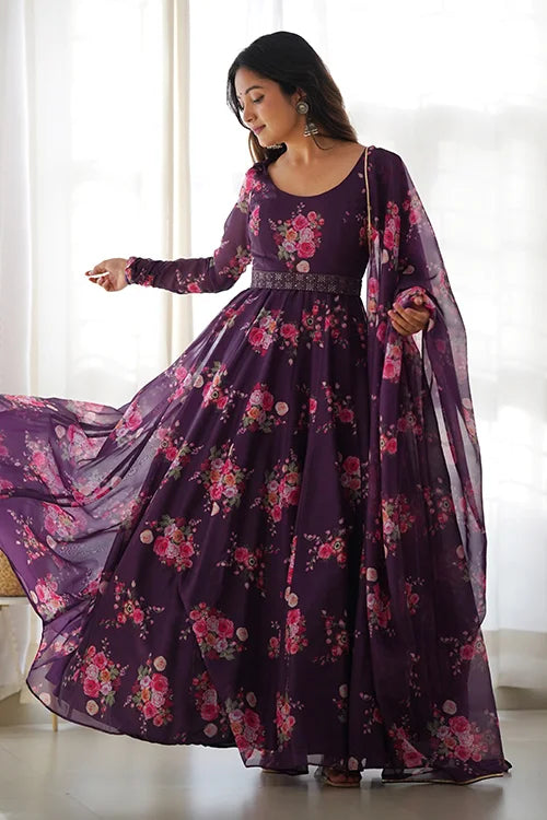 Buy Wine Color Floral Printed Organza Anarkali Suit Online