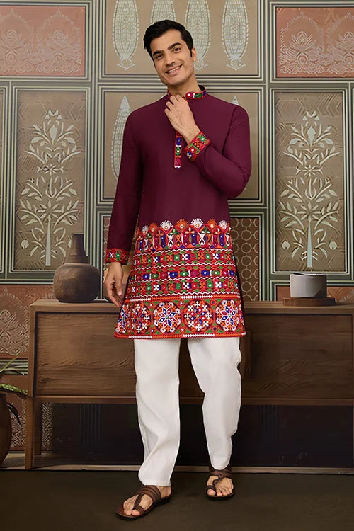 Navratri Wine Cotton Kurta for Mens with Pajama