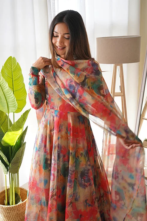 Ready to wear full flair Anarkali gown with dupatta set