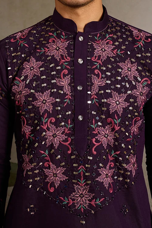 Designer Purple Mirror Work Kurta Set for Mens Wear