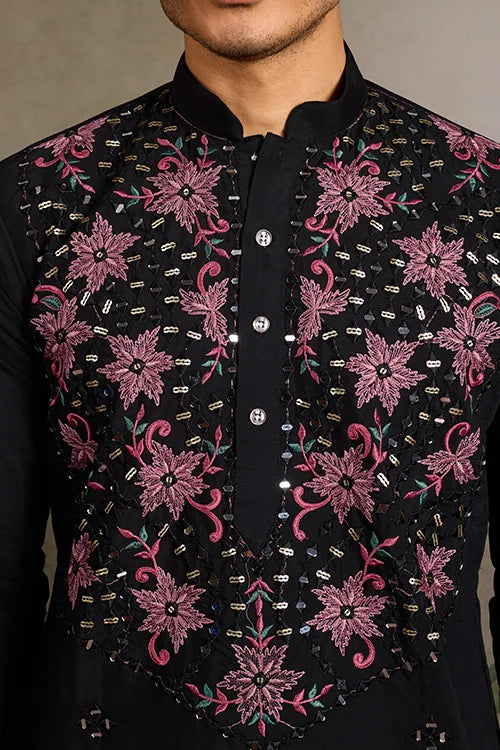 Black Mirror Work with Embroidered Kurta Set for Men