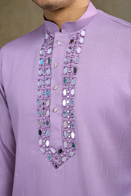 Dusty Pink Mirror Work Kurta for Men - Designer Wear