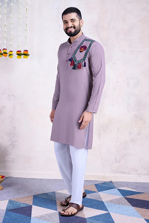 Dusty Purple Embroidered Men's Kurta - Formal Wear