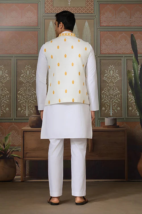 Haldi Special Yellow Koti with White Kurta for Mens