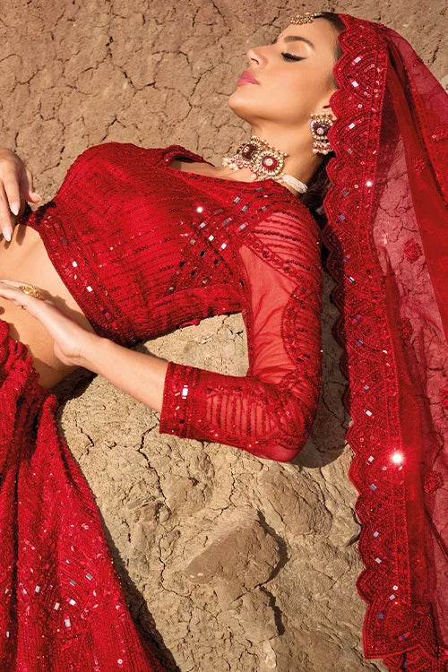 Red Sequins Net Lehenga Choli for Reception Wear