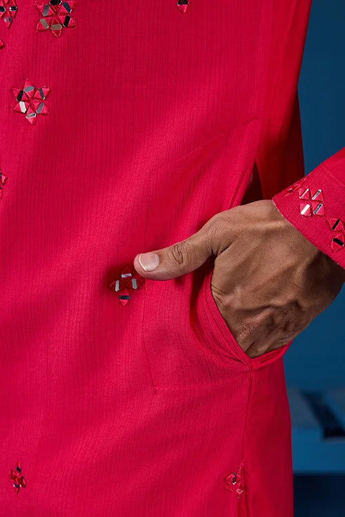 Designer Rani Mirror Embroidered Kurta for Mens Wear