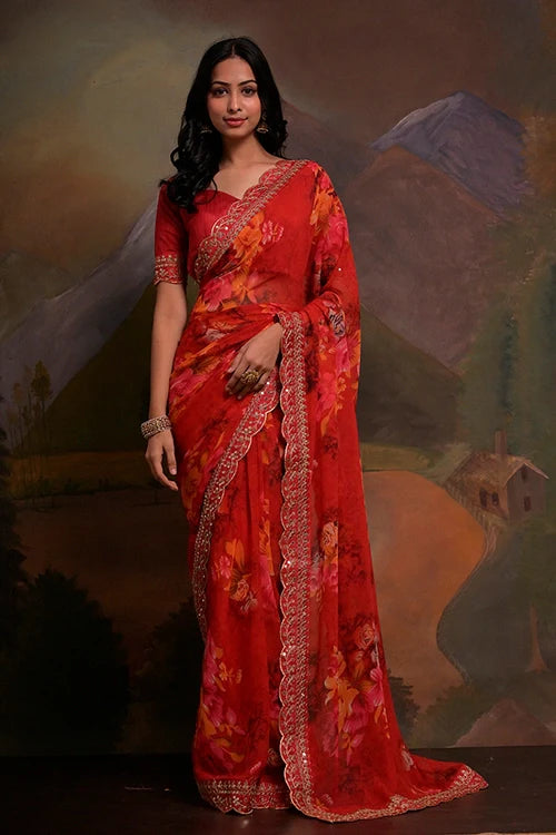 Red Georgette Saree with Designer Bollywood Look