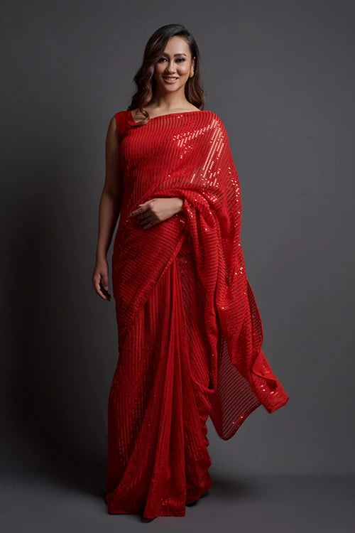 Bollywood Style Red Georgette Silk Saree with Blouse