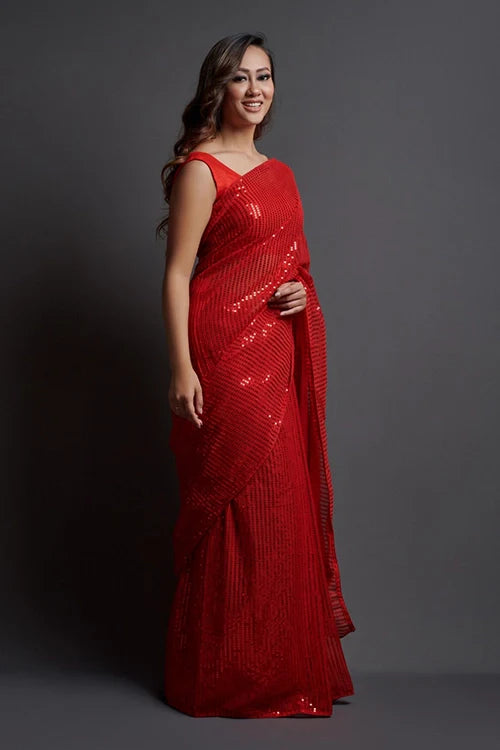 Bollywood Style Red Georgette Silk Saree with Blouse