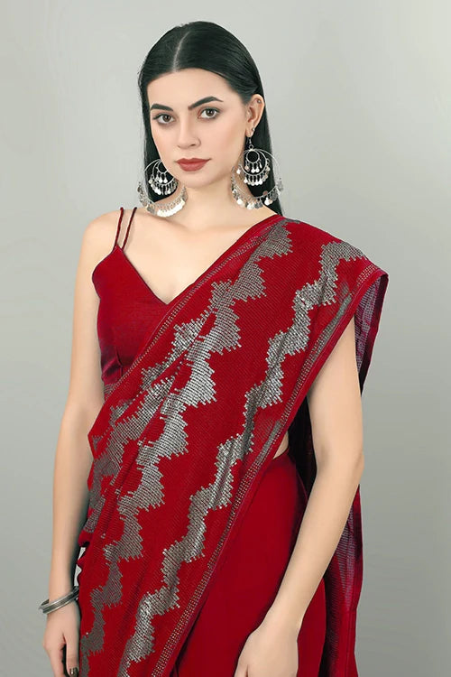 Designer Red Saree with Box Piping & Embroidery Work
