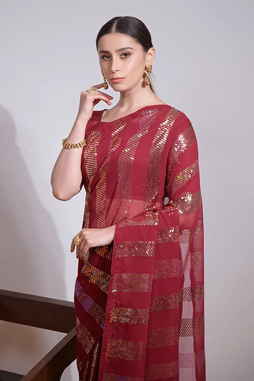 Red Heavy Georgette Saree with Sequins Embroidery Work