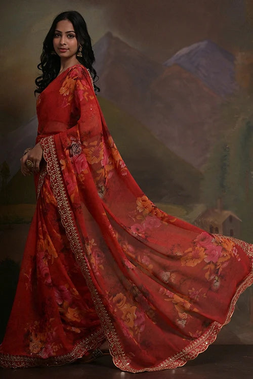 Red Georgette Saree with Designer Bollywood Look
