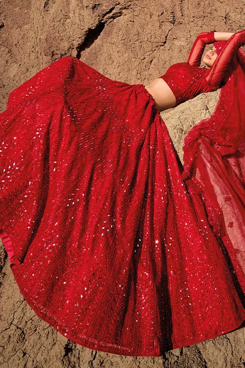 Red Sequins Net Lehenga Choli for Reception Wear