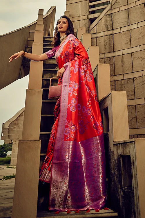 Red Flower Design Brasso Handwoven Silk Stylish Saree Collection
