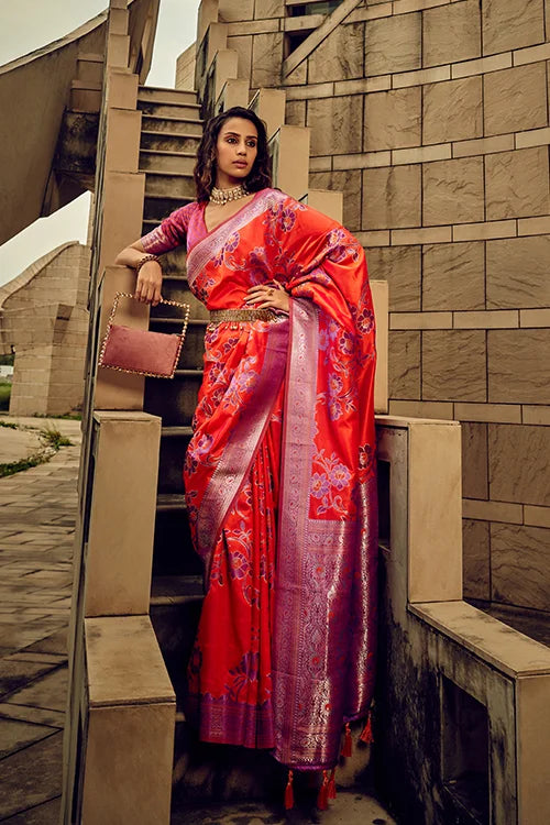 Red Flower Design Brasso Handwoven Silk Stylish Saree Collection