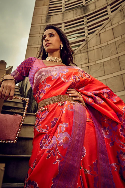 Red Flower Design Brasso Handwoven Silk Stylish Saree Collection