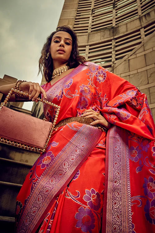 Red Flower Design Brasso Handwoven Silk Stylish Saree Collection
