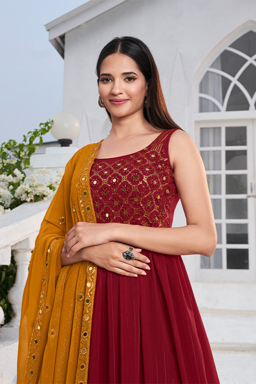 Red Georgette Embroidered Work Kurta Palazzo Dupatta Set