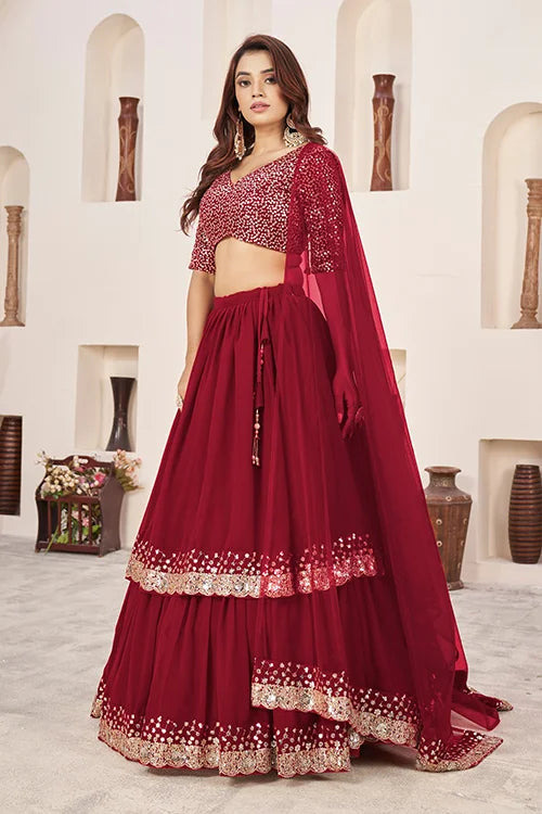 Red Georgette Zari Embroidered Work Lehenga Choli Elegance