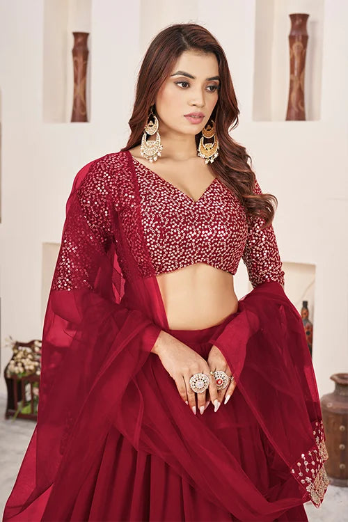 Red Georgette Zari Embroidered Work Lehenga Choli Elegance