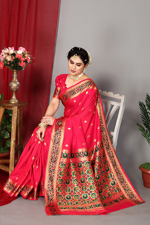 Red Pink Exclusive Weaving Work Paithani Silk Sarees