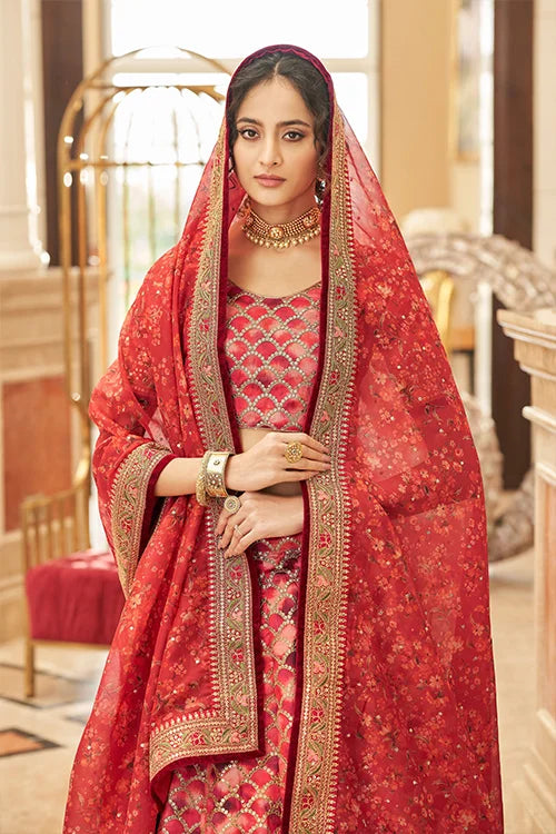 Red Thread With Sequins Embroidery Work Lehenga Choli With Dupatta