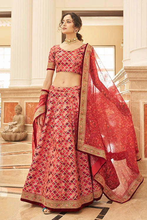 Red Thread With Sequins Embroidery Work Lehenga Choli With Dupatta