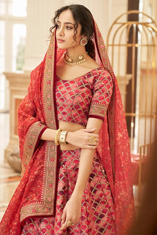 Red Thread With Sequins Embroidery Work Lehenga Choli With Dupatta