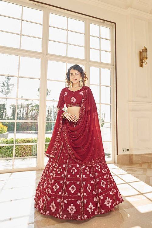 Red Georgette Thread With Sequince Embroidered Lehenga Cholii