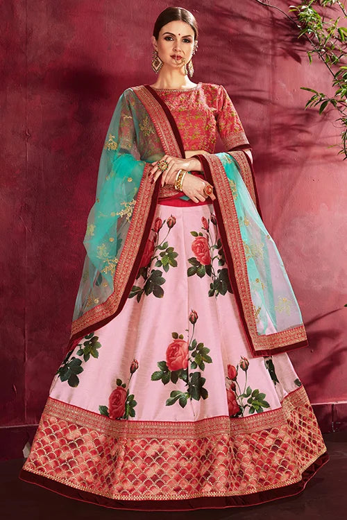 Rose -Pink Floral Print Lehenga Choli With Dupatta