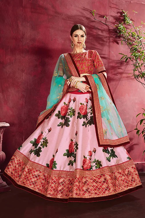 Rose -Pink Floral Print Lehenga Choli With Dupatta