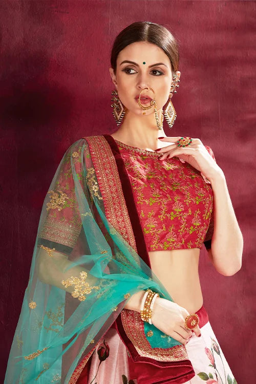 Rose -Pink Floral Print Lehenga Choli With Dupatta