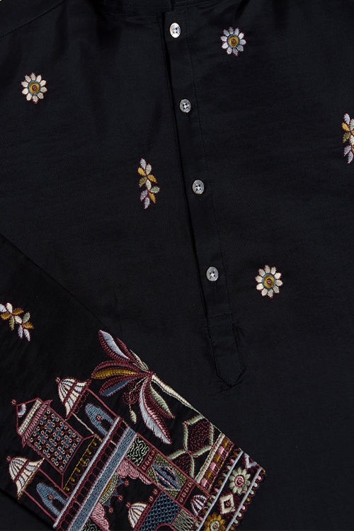 Traditional Black Color Embroidered Kurta Pajama Set For Men