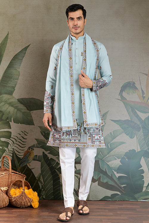 Wedding Special Sky Color Kurta And Dupatta For Men