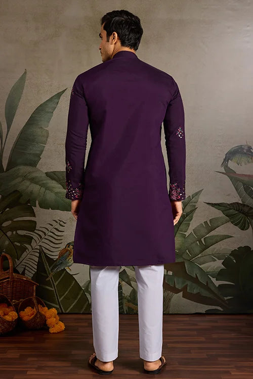 Designer Purple Mirror Work Kurta Set for Mens Wear