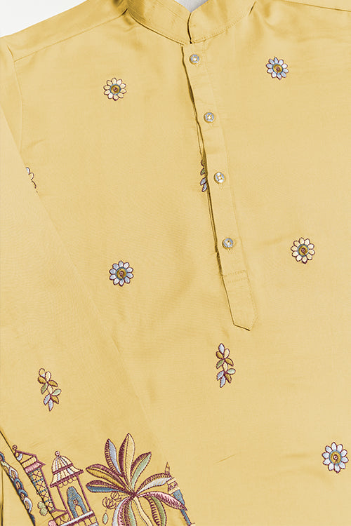 Haldi Special Yellow Embroidered Kurta Pajama Set For Men