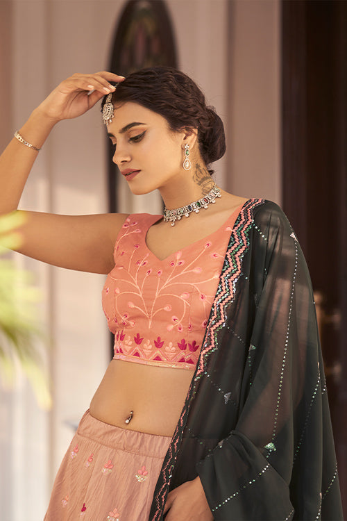 Rust Orange Art Silk Sequins Embroidered Work Lehenga Choli