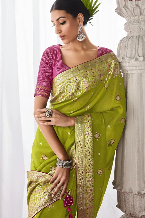 Fancyfied Designer Heavy Embroidery Minakari Silk Saree With Unstitched Blouse