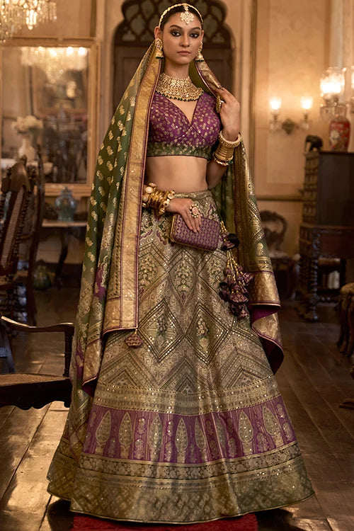 Rajwadi Silk Wedding Green Lehenga Choli at Mirror Work