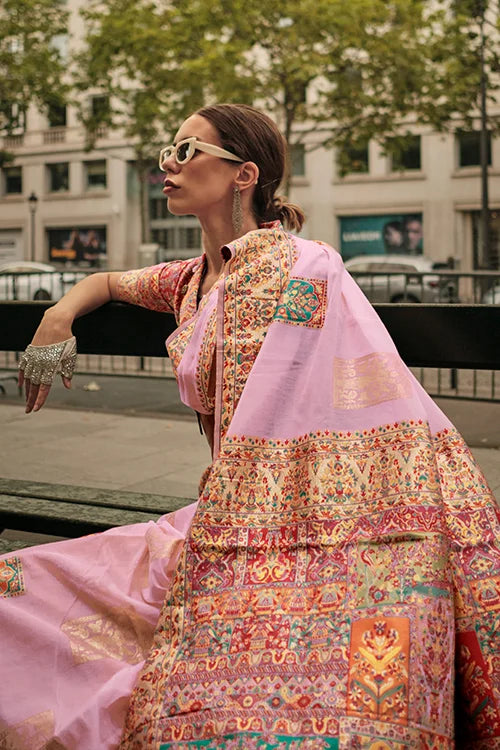 Kashmiri Zari Weaving Satin Silk Saree with Blouse